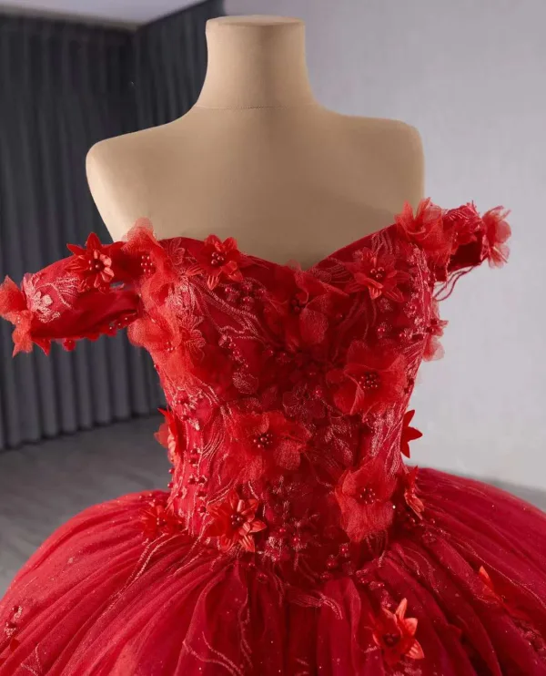 Stunning Red Wedding Dresses 2024 Crossed Straps 3D Lace Flower Tulle Off-The-Shoulder Sleeveless Floor-Length / Long Bridal Ball Gown