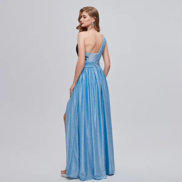 Charmant Himmelblau Perlenstickerei Ballkleider Gespaltete Front Abendkleider 2023 A Linie One-Shoulder Ärmellos Rückenfreies Lange Abend Abendkleider
