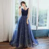 Chic / Beautiful Navy Blue Evening Dresses  2020 A-Line / Princess V-Neck Sleeveless Appliques Lace Beading Sequins Court Train Ruffle Backless Formal Dresses