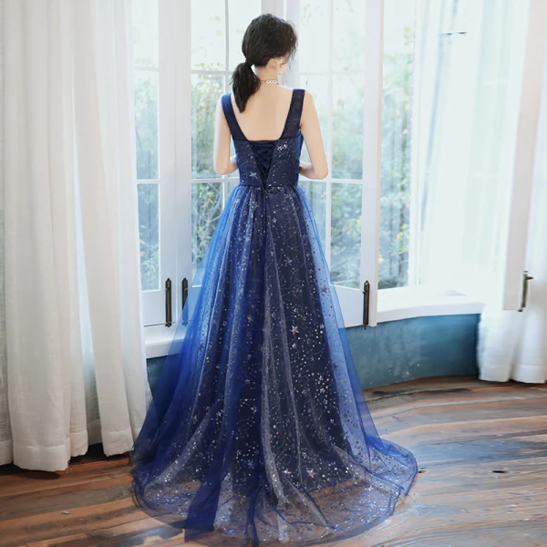 Chic / Beautiful Navy Blue Evening Dresses 2020 A-Line / Princess V-Neck  Sleeveless Appliques Lace Beading Sequins Court Train Ruffle Backless  Formal Dresses