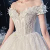 Elegant Ivory Bridal Wedding Dresses 2020 Ball Gown Off-The-Shoulder Short Sleeve Appliques Lace Sequins Beading Pearl Glitter Tulle Backless Cathedral Train Ruffle