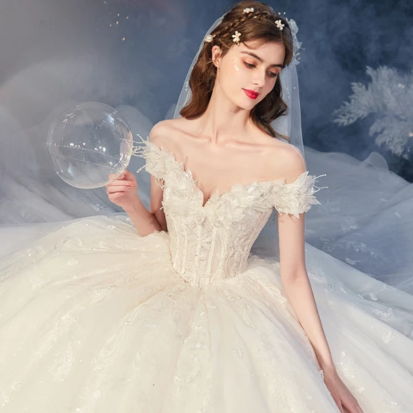 Elegant Ivory Bridal Wedding Dresses 2020 Ball Gown Off-The-Shoulder Short Sleeve Appliques Lace Sequins Beading Pearl Glitter Tulle Backless Cathedral Train Ruffle
