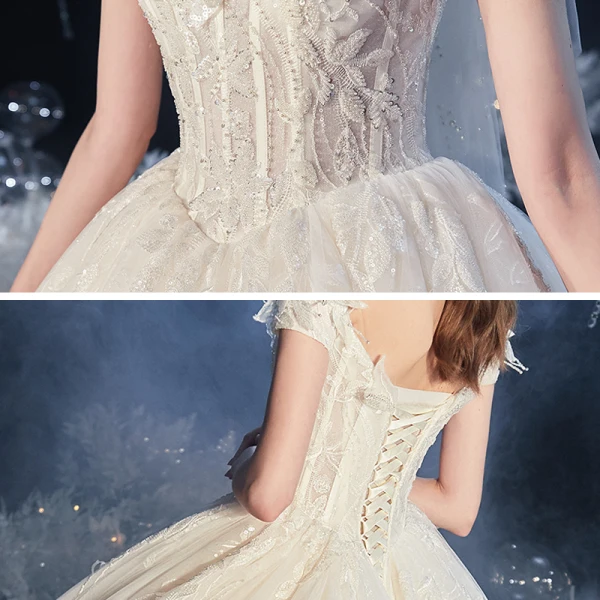 Elegant Ivory Bridal Wedding Dresses 2020 Ball Gown Off-The-Shoulder Short Sleeve Appliques Lace Sequins Beading Pearl Glitter Tulle Backless Cathedral Train Ruffle