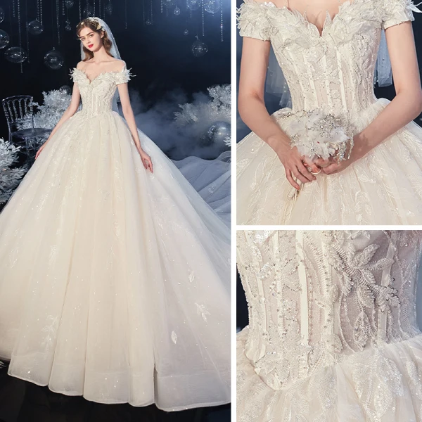 Elegant Ivory Bridal Wedding Dresses 2020 Ball Gown Off-The-Shoulder Short Sleeve Appliques Lace Sequins Beading Pearl Glitter Tulle Backless Cathedral Train Ruffle