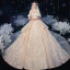 Bäst Champagne Brud Bröllopsklänningar 2020 Balklänning Av Axeln Korta ärm Halterneck Appliqués Spets Beading Glittriga / Glitter Tyll Cathedral Train Ruffle