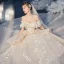 Bäst Champagne Brud Bröllopsklänningar 2020 Balklänning Av Axeln Korta ärm Halterneck Appliqués Spets Beading Glittriga / Glitter Tyll Cathedral Train Ruffle