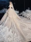 Bäst Champagne Brud Bröllopsklänningar 2020 Balklänning Av Axeln Korta ärm Halterneck Appliqués Spets Beading Glittriga / Glitter Tyll Cathedral Train Ruffle