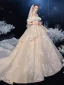 Bäst Champagne Brud Bröllopsklänningar 2020 Balklänning Av Axeln Korta ärm Halterneck Appliqués Spets Beading Glittriga / Glitter Tyll Cathedral Train Ruffle