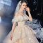 Bäst Champagne Brud Bröllopsklänningar 2020 Balklänning Av Axeln Korta ärm Halterneck Appliqués Spets Beading Glittriga / Glitter Tyll Cathedral Train Ruffle