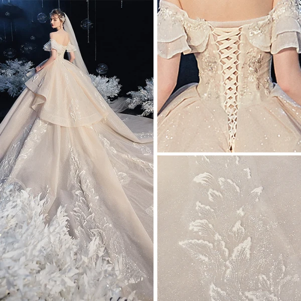Bäst Champagne Brud Bröllopsklänningar 2020 Balklänning Av Axeln Korta ärm Halterneck Appliqués Spets Beading Glittriga / Glitter Tyll Cathedral Train Ruffle