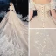 Bäst Champagne Brud Bröllopsklänningar 2020 Balklänning Av Axeln Korta ärm Halterneck Appliqués Spets Beading Glittriga / Glitter Tyll Cathedral Train Ruffle