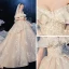 Bäst Champagne Brud Bröllopsklänningar 2020 Balklänning Av Axeln Korta ärm Halterneck Appliqués Spets Beading Glittriga / Glitter Tyll Cathedral Train Ruffle