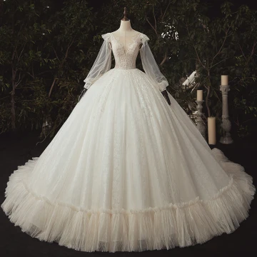 Luxury Gorgeous Ivory Bridal Wedding Dresses 2020 Ball Gown See Through Deep V Neck Puffy Long Sleeve Backless Appliques Lace Sequins Beading Cathedral Train Ruffle