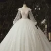 Luxury / Gorgeous Ivory Bridal Wedding Dresses 2020 Ball Gown See-through Deep V-Neck Puffy Long Sleeve Backless Appliques Lace Sequins Beading Cathedral Train Ruffle