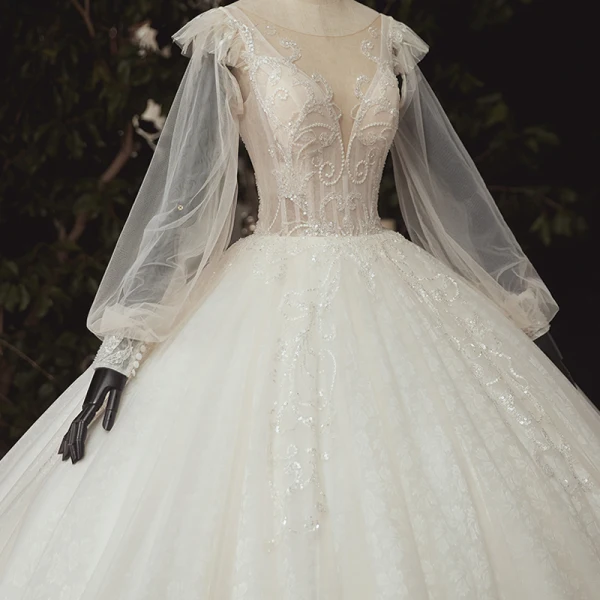 Luxe Ivoire La Mariée Robe De Mariée 2020 Robe Boule Transparentes Col v profond Gonflée Manches Longues Dos Nu Appliques En Dentelle Paillettes Perlage Cathedral Train Volants