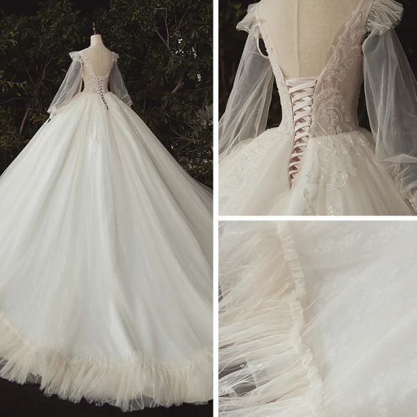 Luxe Ivoire La Mariée Robe De Mariée 2020 Robe Boule Transparentes Col v profond Gonflée Manches Longues Dos Nu Appliques En Dentelle Paillettes Perlage Cathedral Train Volants