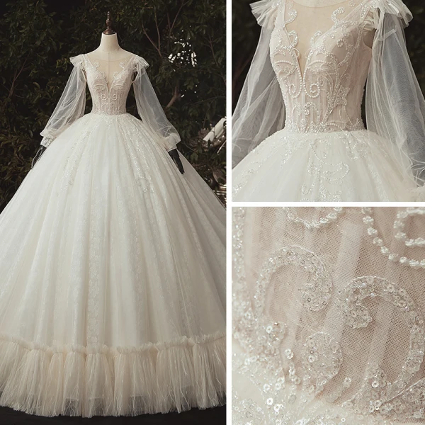 Luxe Ivoire La Mariée Robe De Mariée 2020 Robe Boule Transparentes Col v profond Gonflée Manches Longues Dos Nu Appliques En Dentelle Paillettes Perlage Cathedral Train Volants
