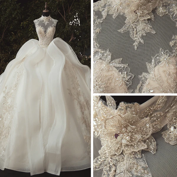 Stunning Ivory Bridal Wedding Dresses 2020 Ball Gown See-through High Neck Sleeveless Appliques Lace Beading Glitter Tulle Chapel Train Ruffle