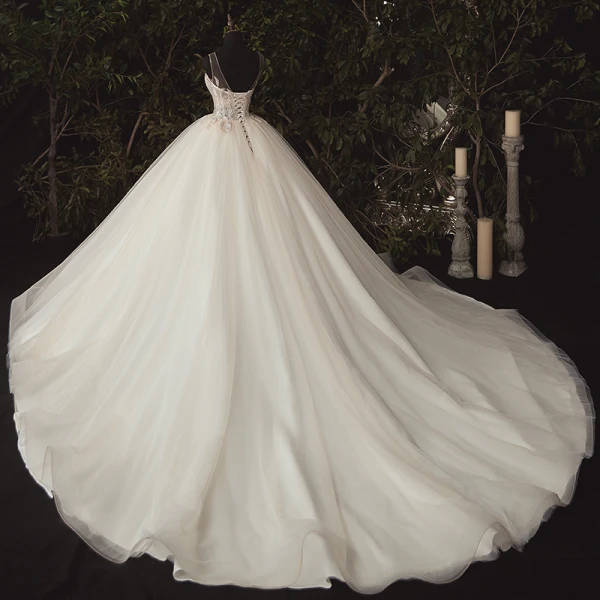 Illusion Ivoire La Mariée Robe De Mariée 2020 Robe Boule Transparentes Encolure Dégagée Sans Manches Dos Nu Appliques Paillettes Perlage Cathedral Train Volants