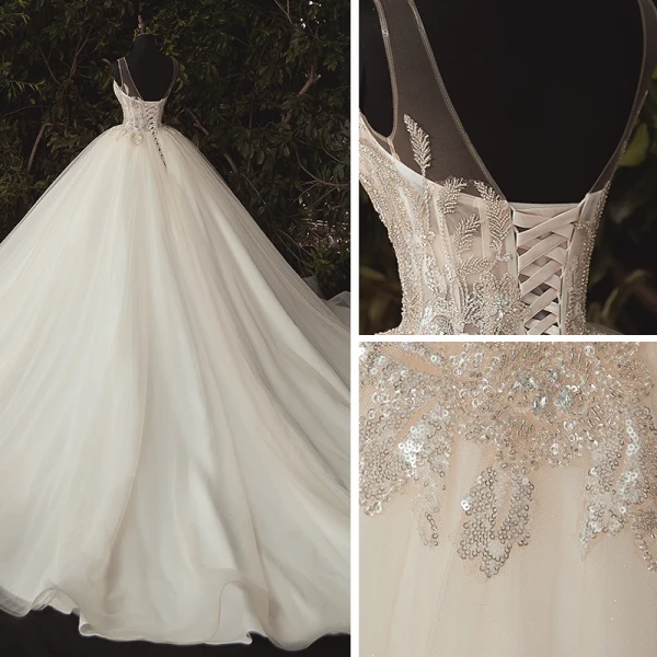 Illusion Ivoire La Mariée Robe De Mariée 2020 Robe Boule Transparentes Encolure Dégagée Sans Manches Dos Nu Appliques Paillettes Perlage Cathedral Train Volants