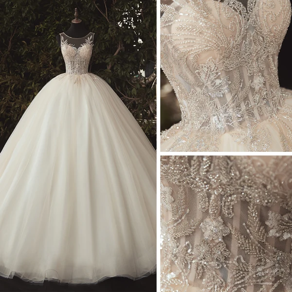 Illusion Ivoire La Mariée Robe De Mariée 2020 Robe Boule Transparentes Encolure Dégagée Sans Manches Dos Nu Appliques Paillettes Perlage Cathedral Train Volants