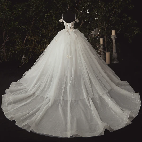 Luxury / Gorgeous Ivory Bridal Wedding Dresses 2020 Ball Gown Spaghetti Straps Deep V-Neck Sleeveless Backless Appliques Lace Beading Cathedral Train Ruffle