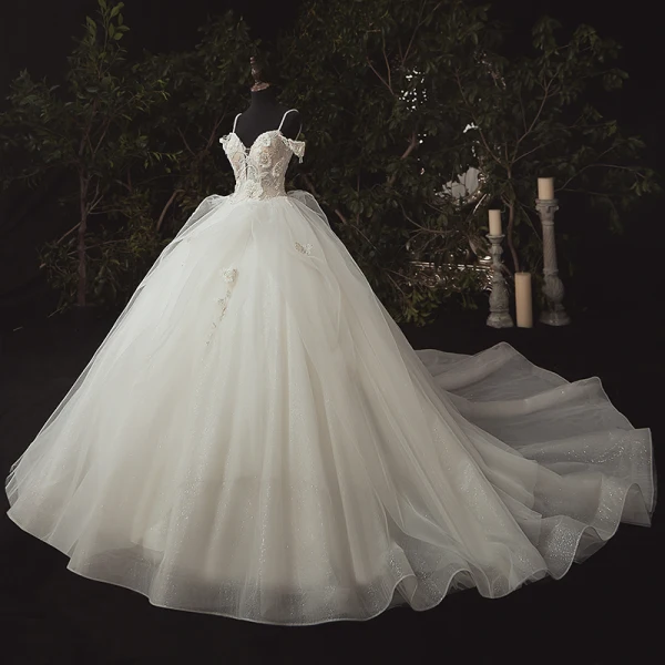 Luxury / Gorgeous Ivory Bridal Wedding Dresses 2020 Ball Gown Spaghetti Straps Deep V-Neck Sleeveless Backless Appliques Lace Beading Cathedral Train Ruffle