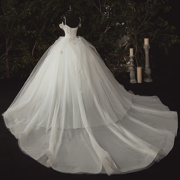 Luxury / Gorgeous Ivory Bridal Wedding Dresses 2020 Ball Gown Spaghetti Straps Deep V-Neck Sleeveless Backless Appliques Lace Beading Cathedral Train Ruffle