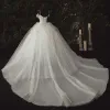 Lyx Elfenben Brud Bröllopsklänningar 2020 Balklänning Spaghettiband Djup v-hals Ärmlös Halterneck Appliqués Spets Beading Cathedral Train Ruffle
