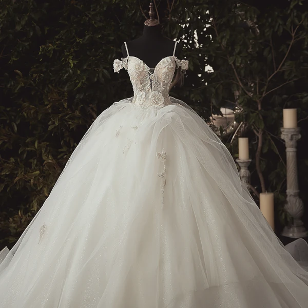 Luxury / Gorgeous Ivory Bridal Wedding Dresses 2020 Ball Gown Spaghetti Straps Deep V-Neck Sleeveless Backless Appliques Lace Beading Cathedral Train Ruffle
