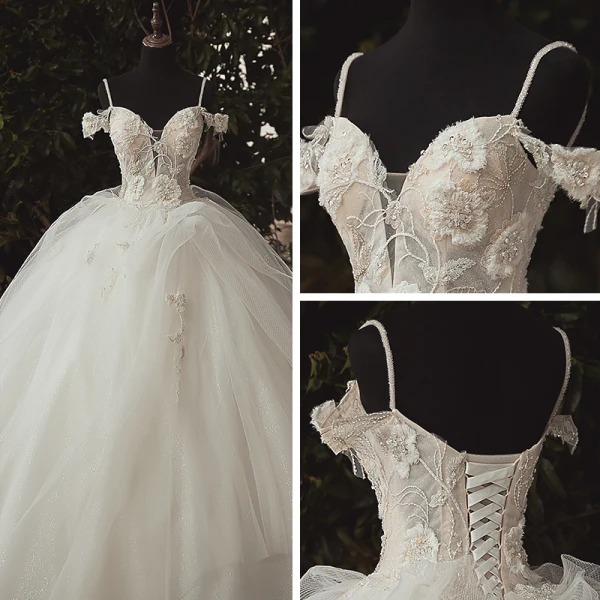 Luxury / Gorgeous Ivory Bridal Wedding Dresses 2020 Ball Gown Spaghetti Straps Deep V-Neck Sleeveless Backless Appliques Lace Beading Cathedral Train Ruffle