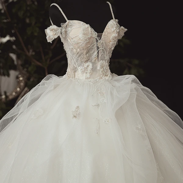Luxury / Gorgeous Ivory Bridal Wedding Dresses 2020 Ball Gown Spaghetti Straps Deep V-Neck Sleeveless Backless Appliques Lace Beading Cathedral Train Ruffle