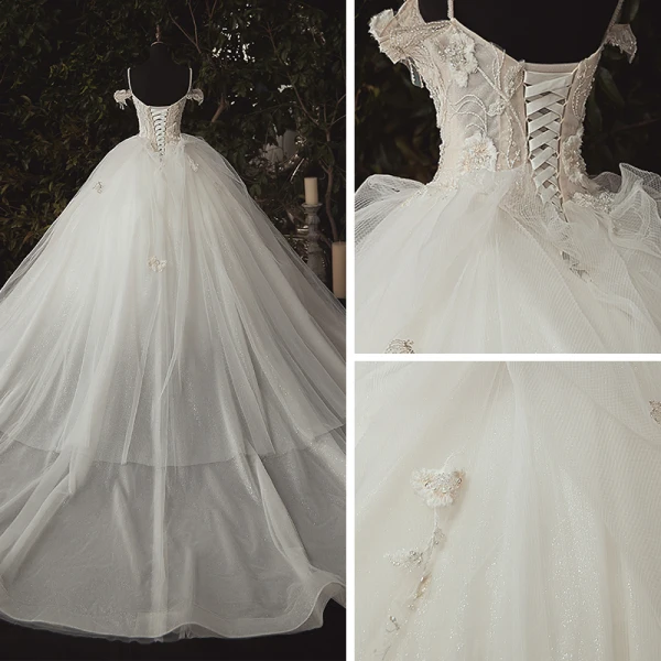 Luxury / Gorgeous Ivory Bridal Wedding Dresses 2020 Ball Gown Spaghetti Straps Deep V-Neck Sleeveless Backless Appliques Lace Beading Cathedral Train Ruffle