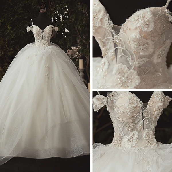 Luxury / Gorgeous Ivory Bridal Wedding Dresses 2020 Ball Gown Spaghetti Straps Deep V-Neck Sleeveless Backless Appliques Lace Beading Cathedral Train Ruffle