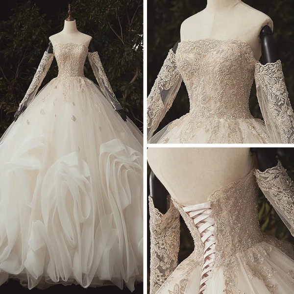 Luxury / Gorgeous Ivory Bridal Wedding Dresses 2020 Ball Gown Off-The-Shoulder Long Sleeve Backless Appliques Lace Sequins Beading Pearl Flower Ruffle Chapel Train