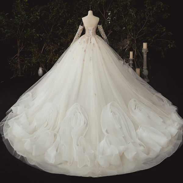 Luxury / Gorgeous Ivory Bridal Wedding Dresses 2020 Ball Gown Off-The-Shoulder Long Sleeve Backless Appliques Lace Sequins Beading Pearl Flower Ruffle Chapel Train