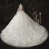 Luxury / Gorgeous Ivory Bridal Wedding Dresses 2020 Ball Gown Off-The-Shoulder Long Sleeve Backless Appliques Lace Sequins Beading Pearl Flower Ruffle Chapel Train