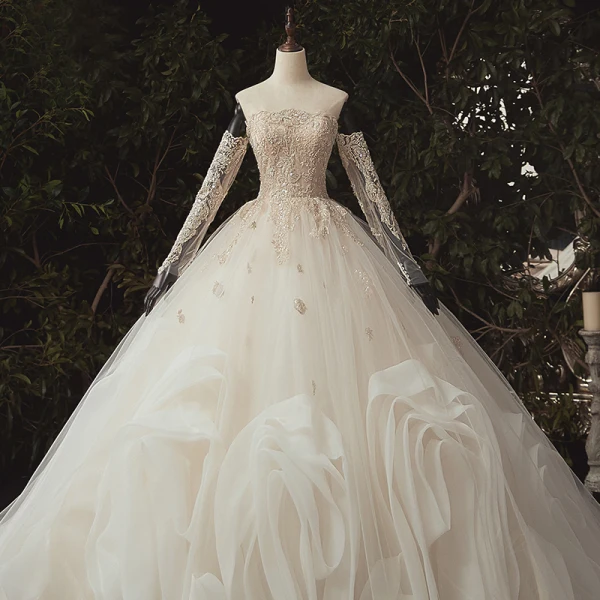 Luxury / Gorgeous Ivory Bridal Wedding Dresses 2020 Ball Gown Off-The-Shoulder Long Sleeve Backless Appliques Lace Sequins Beading Pearl Flower Ruffle Chapel Train