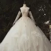 Luxury / Gorgeous Ivory Bridal Wedding Dresses 2020 Ball Gown Off-The-Shoulder Long Sleeve Backless Appliques Lace Sequins Beading Pearl Flower Ruffle Chapel Train
