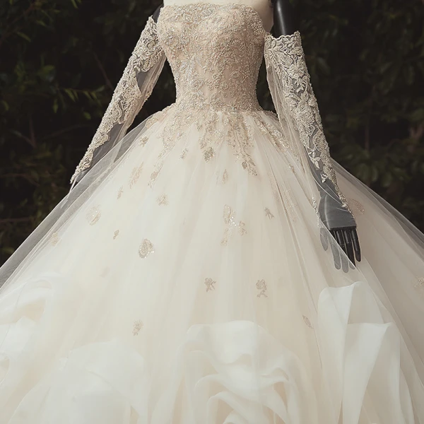Luxury / Gorgeous Ivory Bridal Wedding Dresses 2020 Ball Gown Off-The-Shoulder Long Sleeve Backless Appliques Lace Sequins Beading Pearl Flower Ruffle Chapel Train