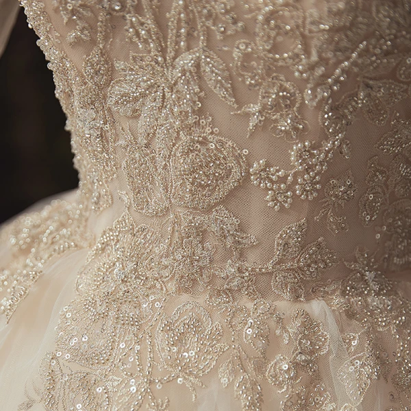 Luxury / Gorgeous Ivory Bridal Wedding Dresses 2020 Ball Gown Off-The-Shoulder Long Sleeve Backless Appliques Lace Sequins Beading Pearl Flower Ruffle Chapel Train