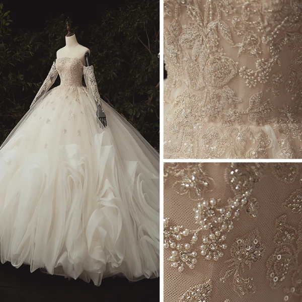 Luxury / Gorgeous Ivory Bridal Wedding Dresses 2020 Ball Gown Off-The-Shoulder Long Sleeve Backless Appliques Lace Sequins Beading Pearl Flower Ruffle Chapel Train