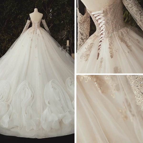 Luxury / Gorgeous Ivory Bridal Wedding Dresses 2020 Ball Gown Off-The-Shoulder Long Sleeve Backless Appliques Lace Sequins Beading Pearl Flower Ruffle Chapel Train