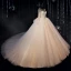 Luxury / Gorgeous Champagne Bridal Wedding Dresses 2020 Ball Gown See-through Scoop Neck Long Sleeve Backless Beading Glitter Tulle Cathedral Train Ruffle