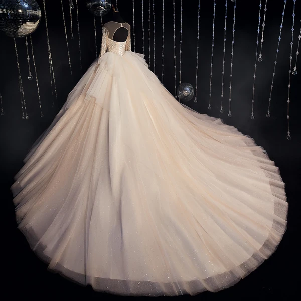 Luxury / Gorgeous Champagne Bridal Wedding Dresses 2020 Ball Gown See-through Scoop Neck Long Sleeve Backless Beading Glitter Tulle Cathedral Train Ruffle