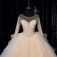 Luxury / Gorgeous Champagne Bridal Wedding Dresses 2020 Ball Gown See-through Scoop Neck Long Sleeve Backless Beading Glitter Tulle Cathedral Train Ruffle