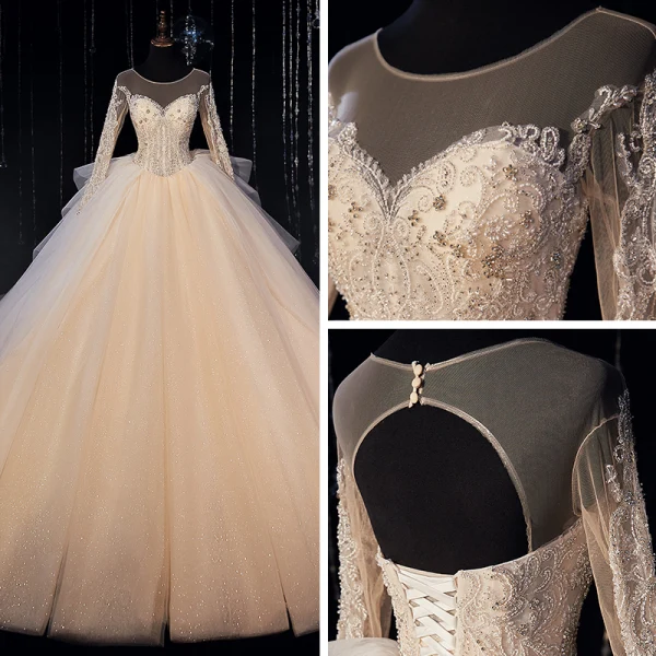 Luxury / Gorgeous Champagne Bridal Wedding Dresses 2020 Ball Gown See-through Scoop Neck Long Sleeve Backless Beading Glitter Tulle Cathedral Train Ruffle