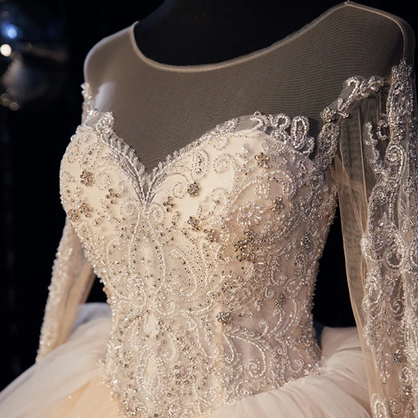 Luxury / Gorgeous Champagne Bridal Wedding Dresses 2020 Ball Gown See-through Scoop Neck Long Sleeve Backless Beading Glitter Tulle Cathedral Train Ruffle