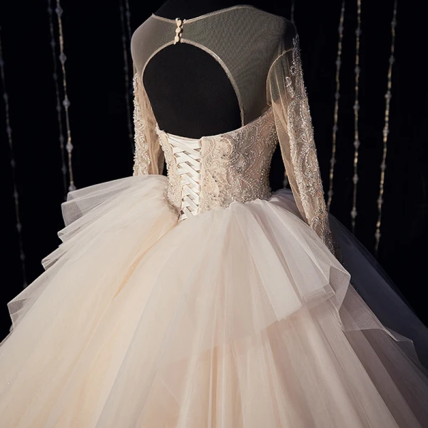 Luxury / Gorgeous Champagne Bridal Wedding Dresses 2020 Ball Gown See-through Scoop Neck Long Sleeve Backless Beading Glitter Tulle Cathedral Train Ruffle