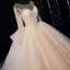 Luxury / Gorgeous Champagne Bridal Wedding Dresses 2020 Ball Gown See-through Scoop Neck Long Sleeve Backless Beading Glitter Tulle Cathedral Train Ruffle